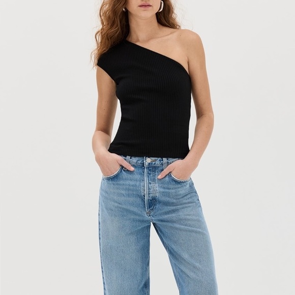 NEW AGOLDE NESSA TANK BLACK ONE SHOULDER RIBBED KNIT BODYCON {$128} LARGE - Picture 1 of 11